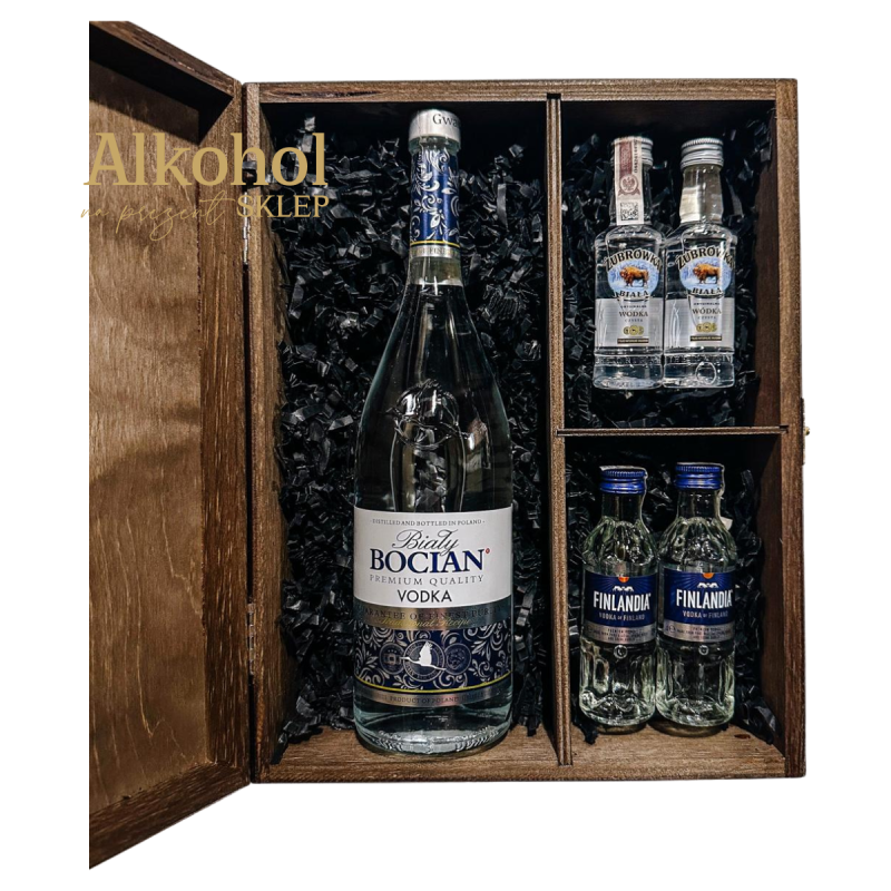 ZESTAW WÓDKA BIAŁY BOCIAN 0.5L + 2 x ŻUBRÓWKA BIAŁA MINI + 2 x WÓDKA FINLANDIA CLASSIC MINI