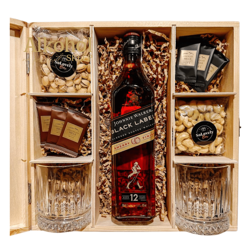 ZESTAW WHISKY JOHNNIE WALKER BLACK LABEL SHERRY FINISH 0.7L + PISTACJE + CZEKOLADKI + NERKOWCE + 2 SZKLANKI