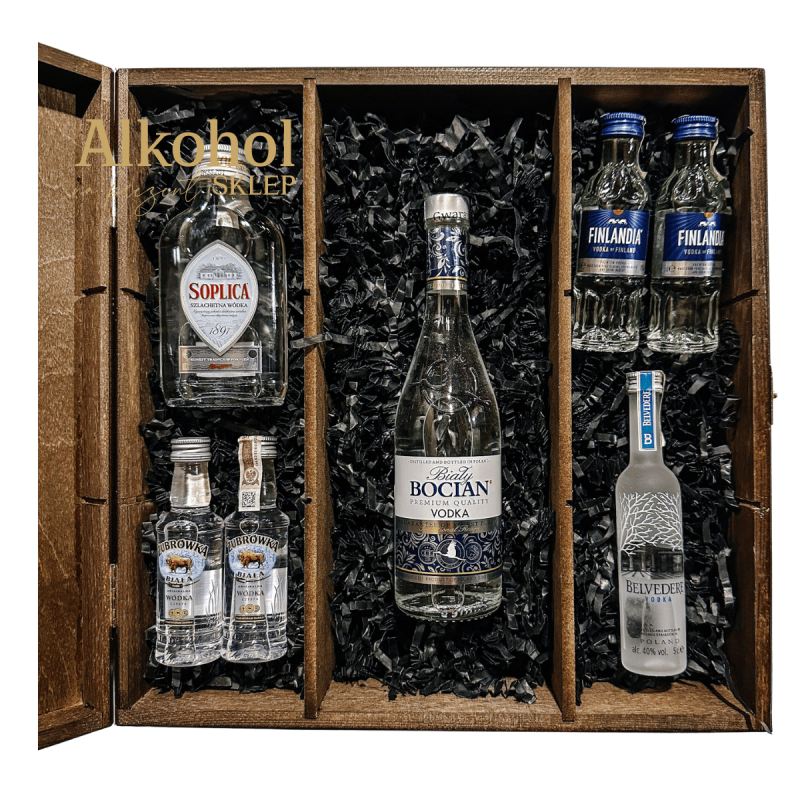 ZESTAW WÓDKA BIAŁY BOCIAN 0.2L + SOPLICA SZLACHETNA MINI + 2 x FINLANDIA CLASSIC MINI + 2 x ŻUBRÓWKA BIAŁA + BELVEDERE MINI