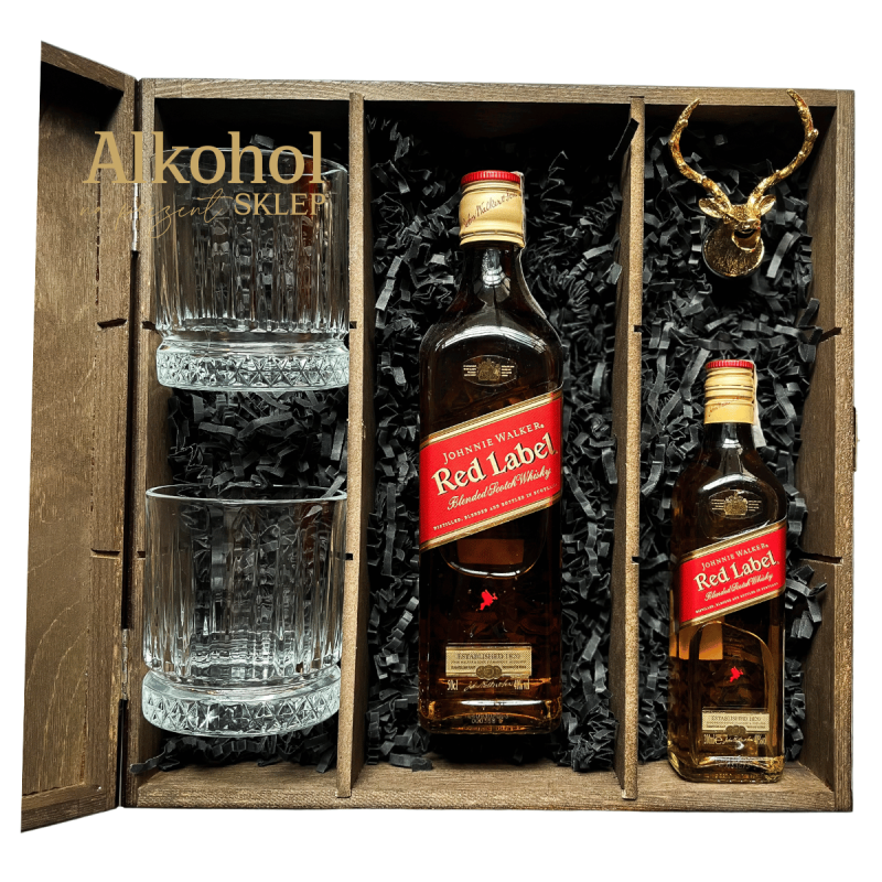 ZESTAW WHISKY JOHNNIE WALKER RED LABEL 0.5L + JOHNNIE WALKER RED LABEL MINI + 2 SZKLANKI + NALEWAK