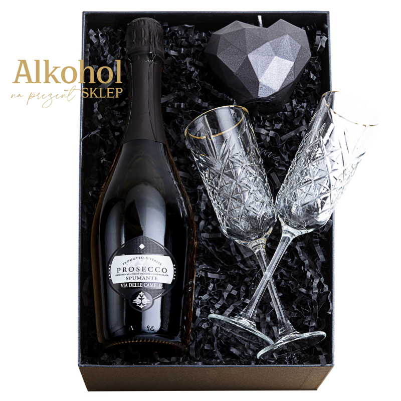 ZESTAW WINO VILLA CAMELIE PROSECCO 0.75L + 2 KIELISZKI + ŚWIECA
