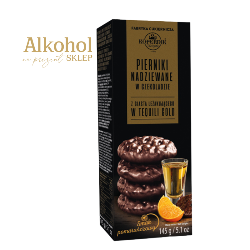 PIERNIKI NADZIEWANE POMARAŃCZĄ Z CIASTA LEŻAKUJĄCEGO W TEQUILI GOLD W CZEKOLADZIE 145g