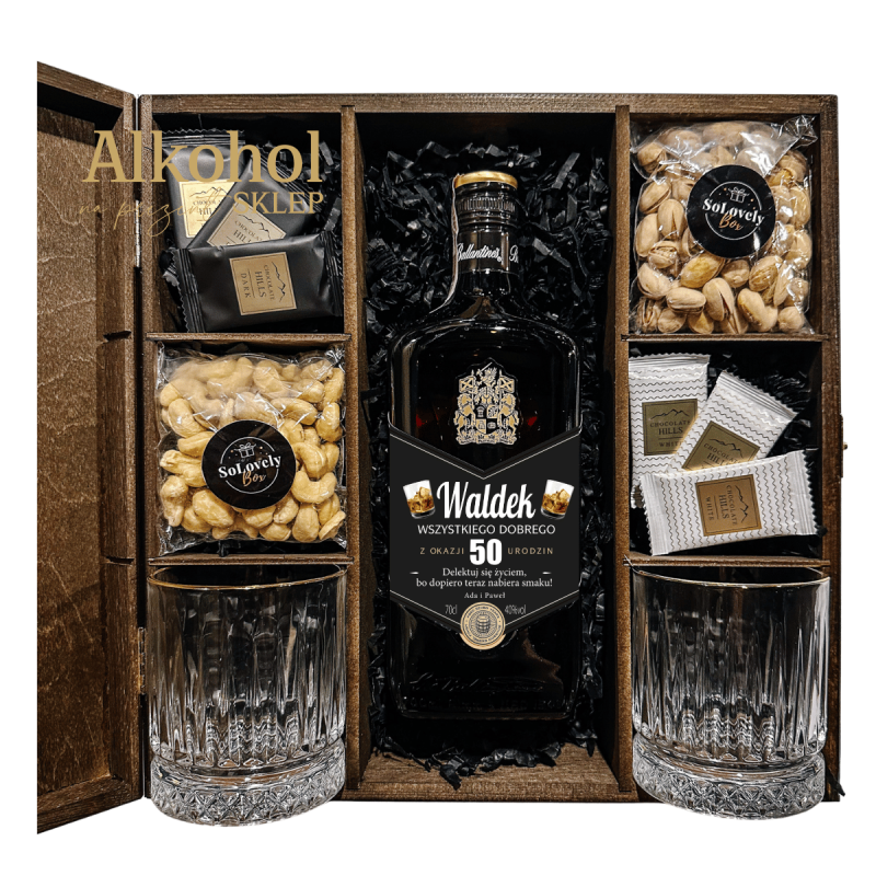 URODZINOWY ZESTAW WHISKY BALLANTINE'S 7YO 0.7L + CZEKOLADKI + PISTACJE + NERKOWCE + 2 SZKLANKI